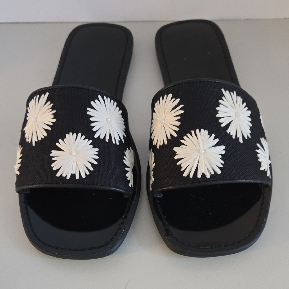 NIB Kate Spade Pom Pom Floral Slide Sandals, Black/Cream Size 7